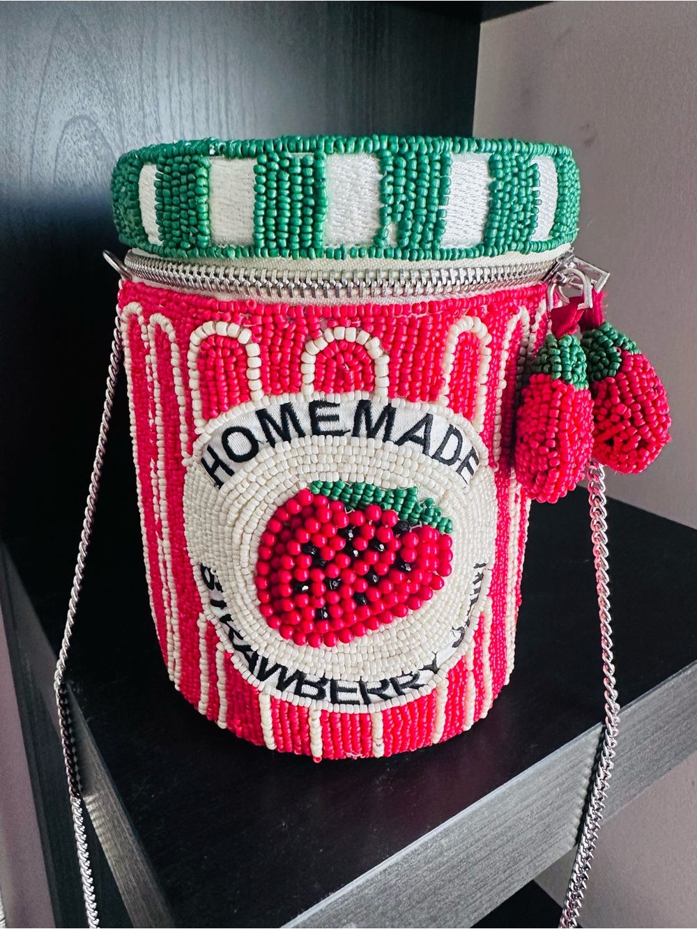Hand-Beaded Strawberry Bucket Bag in Red & Green